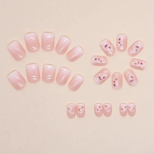 Elegant French nails with flower design- 24 pieces