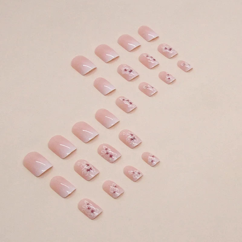 Elegant French nails with flower design- 24 pieces
